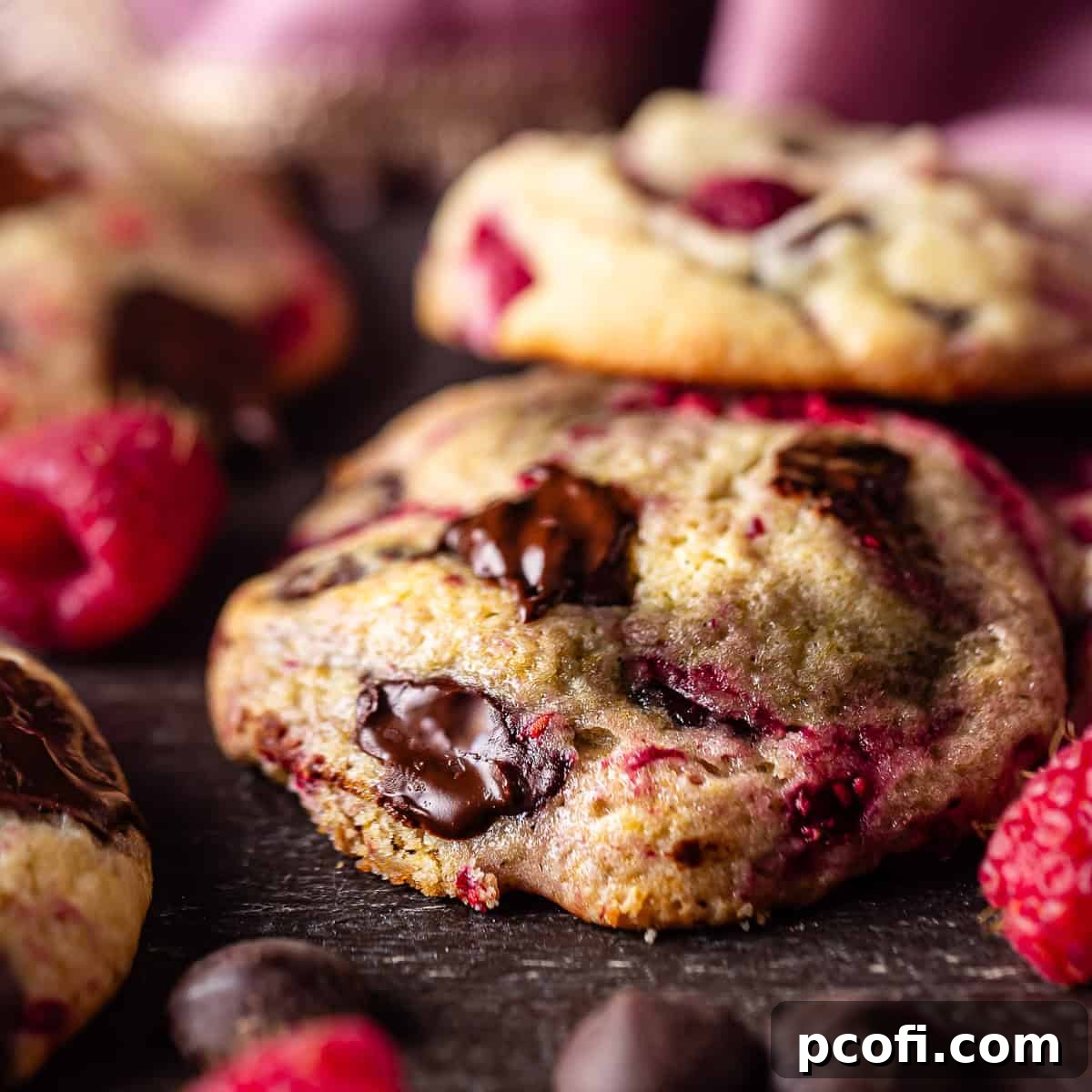 A beautiful stack of raspberry chocolate chip cookies, surrounded by fresh raspberries and scattered chocolate chips.