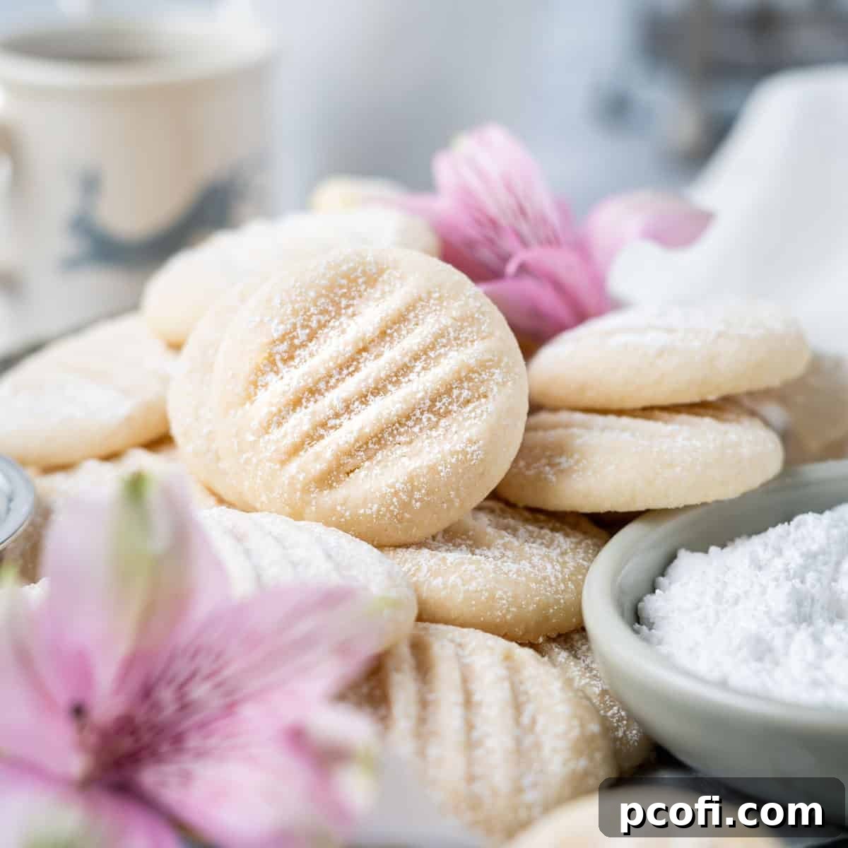 A charming pile of delicate melting moments cookies resting on a plate, with fresh flowers creating a serene backdrop.