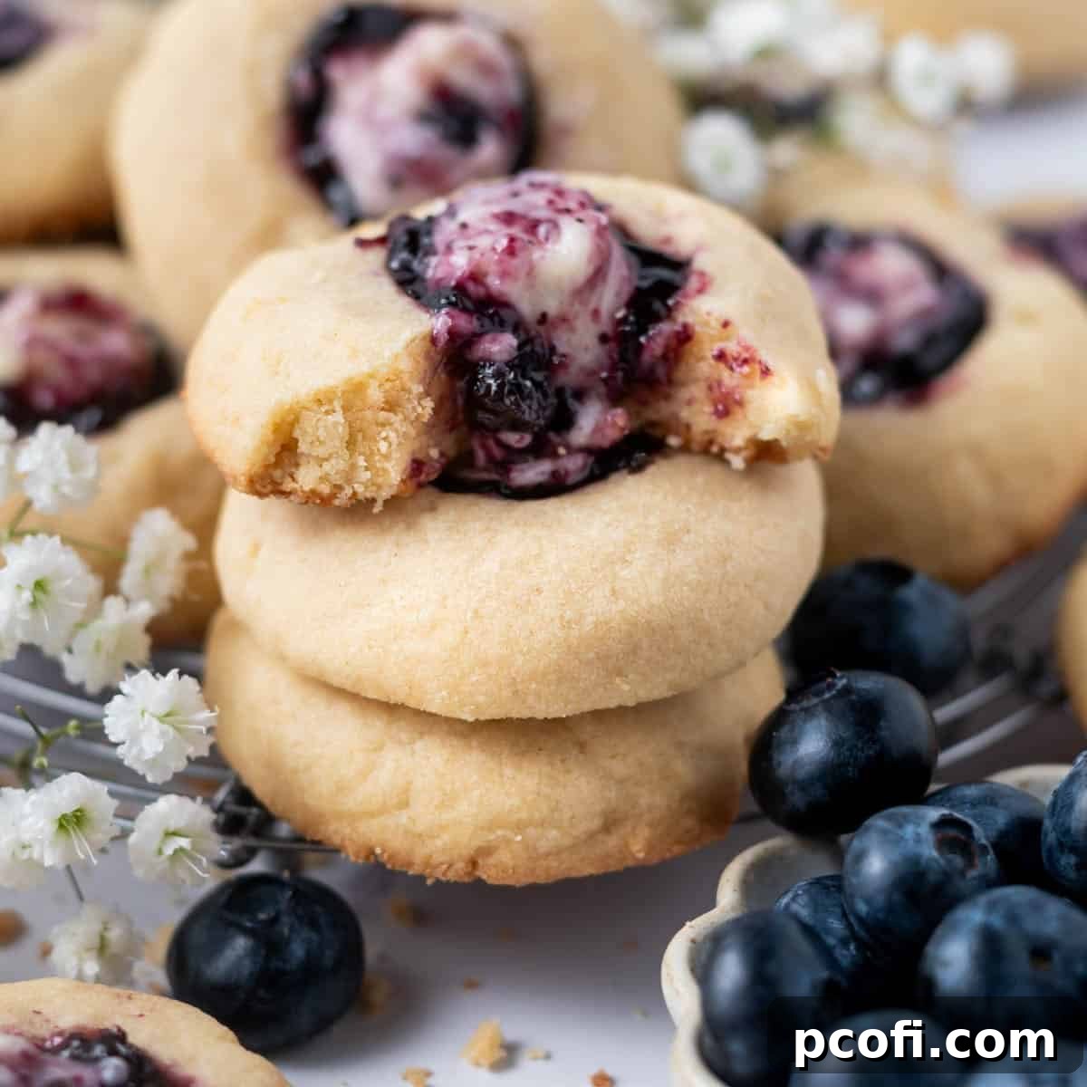 A tantalizing stack of blueberry and cream cookies, with a bite taken from the top cookie revealing a luscious jammy blueberry cheesecake filling.