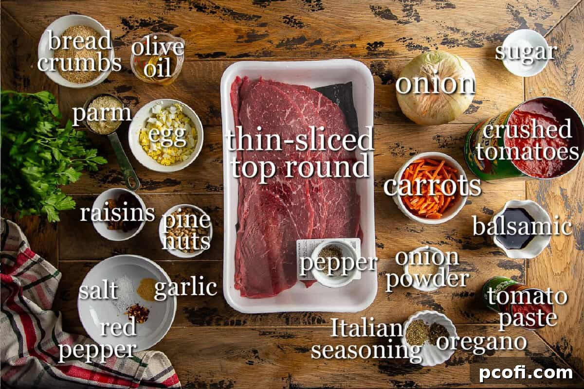 Various ingredients for Braciole, including breadcrumbs, cheese, parsley, and beef slices, neatly arranged on a wooden background.
