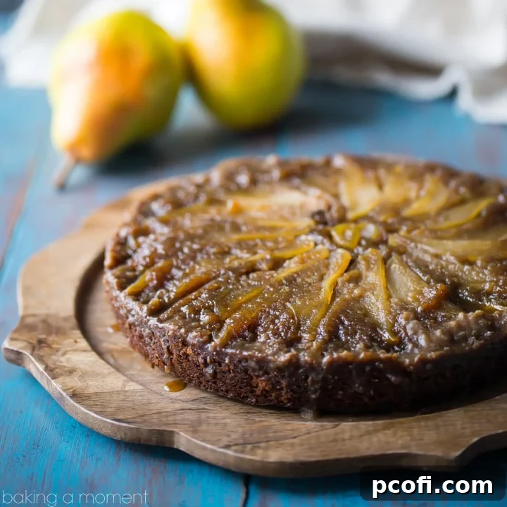 Pear Gingerbread Upside Down Cake, a delicious winter dessert combining sweet pears and spicy gingerbread.