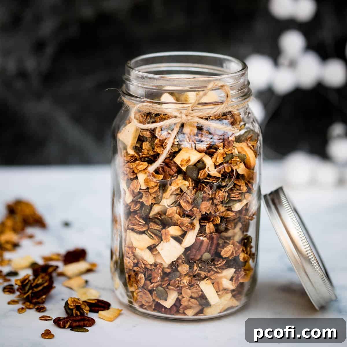 Apple cinnamon granola with pecans, old-fashioned oats, and dried apples, highlighting its gluten-free nature.