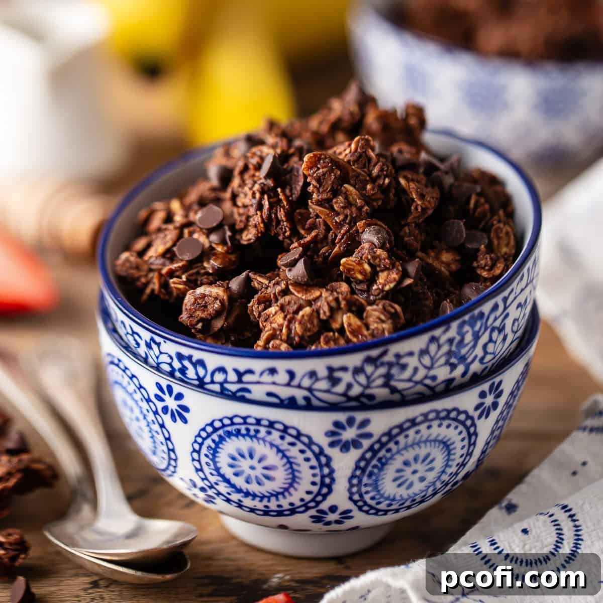 Close-up of rich homemade chocolate granola, showing its dark color and crunchy texture with potential chocolate chunks.