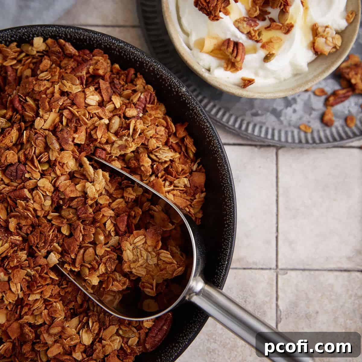 Sweet and spicy homemade granola with coconut flakes, featuring a unique flavor profile.