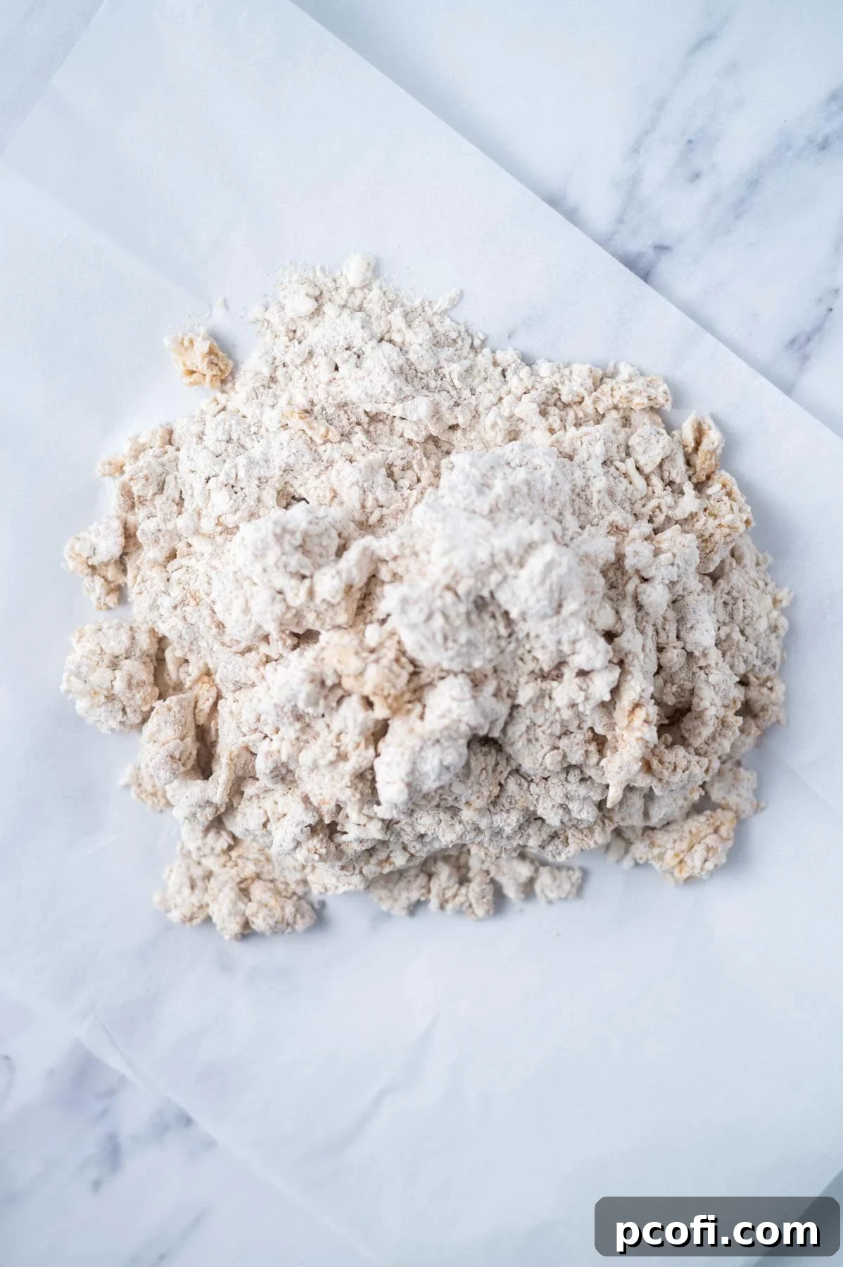 Crumbly scone dough, gently brought together, rests on a sheet of parchment paper, ready to be shaped and cut.