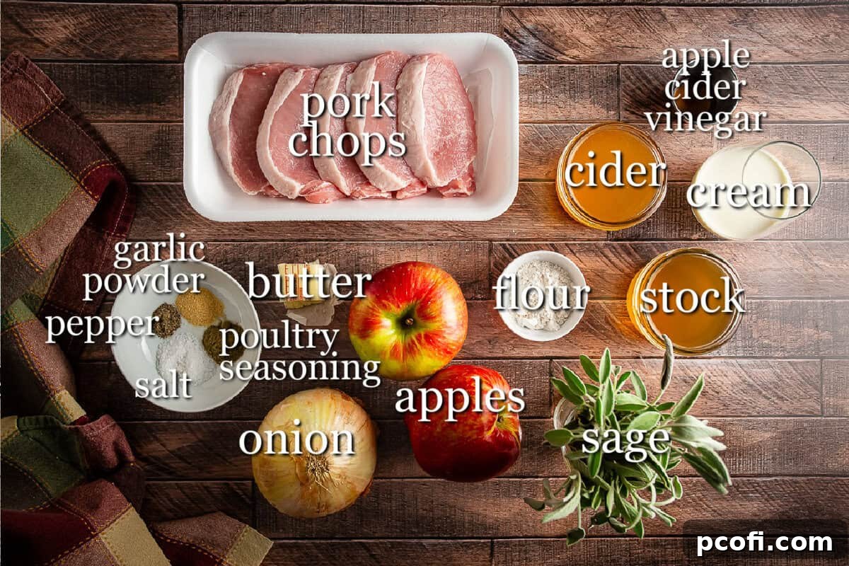 Ingredients for pork chops and apples in separate containers on a wooden background.
