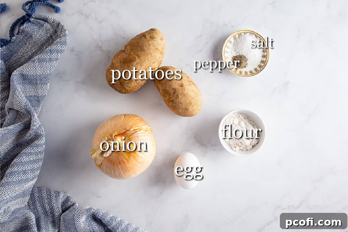 Ingredients for potato pancakes in separate containers on a white background, including potatoes, onion, flour, egg, and seasonings.