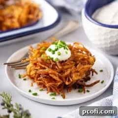 Two potato pancakes stacked and topped with sour cream and chives, perfectly golden.