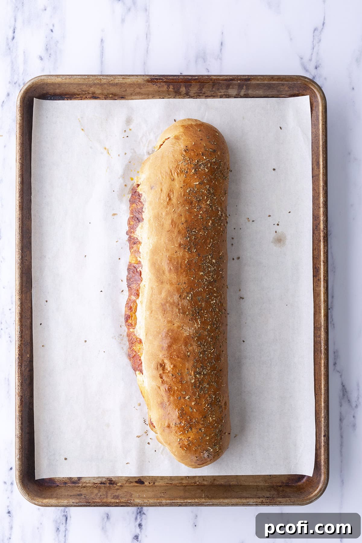 Freshly baked golden brown pepperoni bread