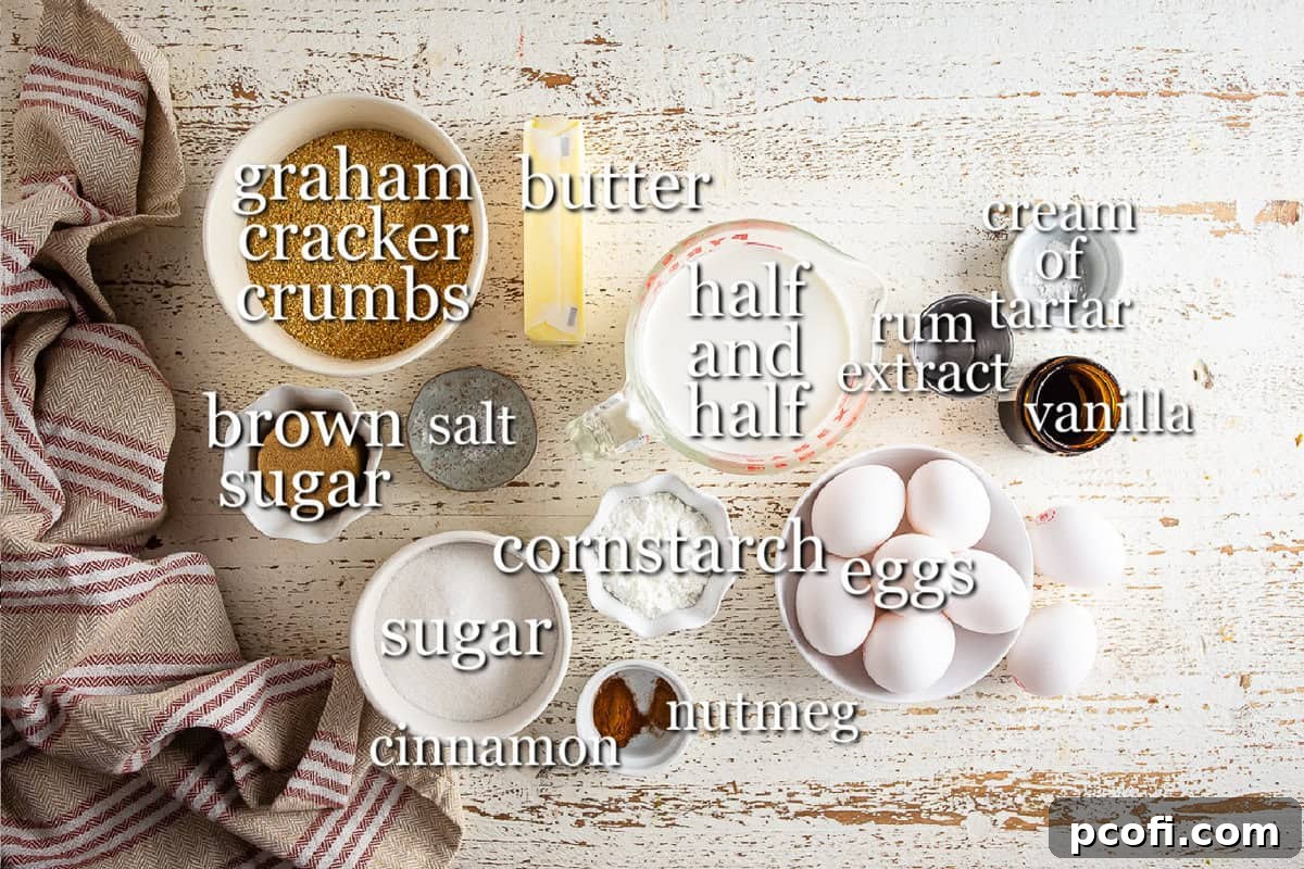 All the individual ingredients for eggnog pie laid out in separate small bowls on a rustic wooden background.