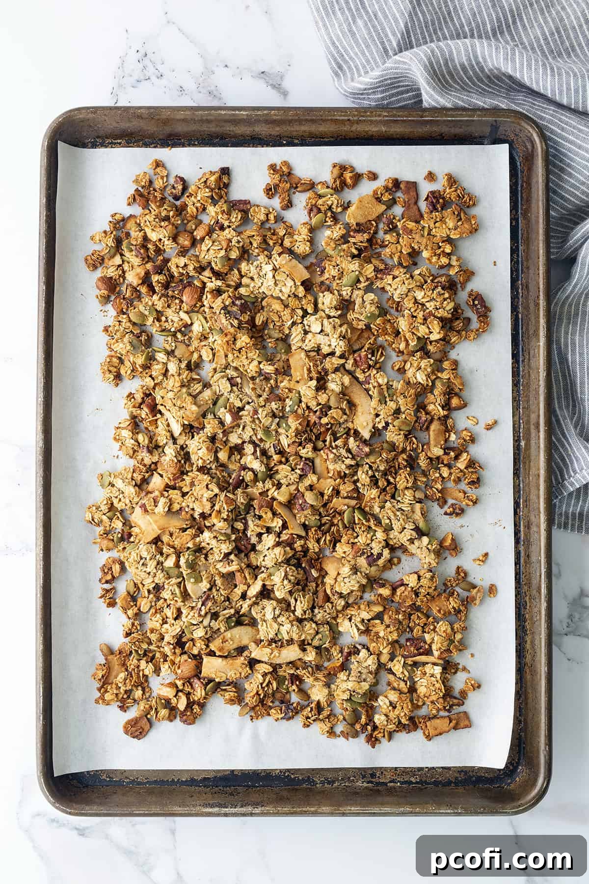 Baked granola on a sheet pan