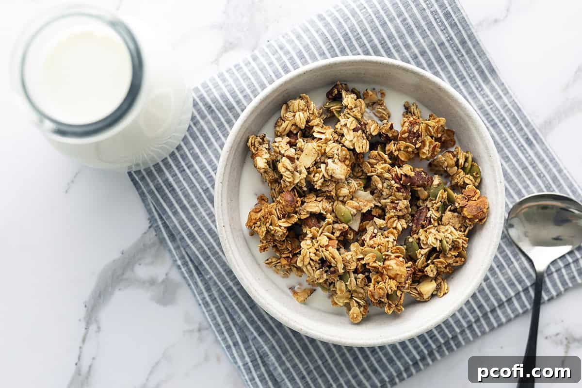 Granola and milk in a bowl