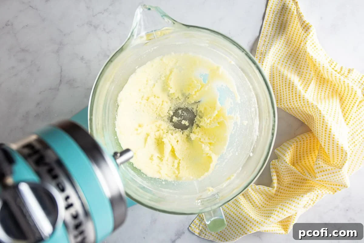 Butter and sugar after being creamed by a stand mixer for ricotta cookies.