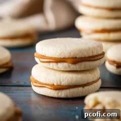 Two alfajores cookies stacked on top of one another, showcasing the delicate cookie layers and rich dulce de leche filling. A perfect representation of this cherished South American treat.