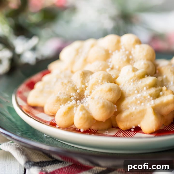 An assortment of buttery Spritz Cookies on a red and green plate, with festive holiday greenery in the background.