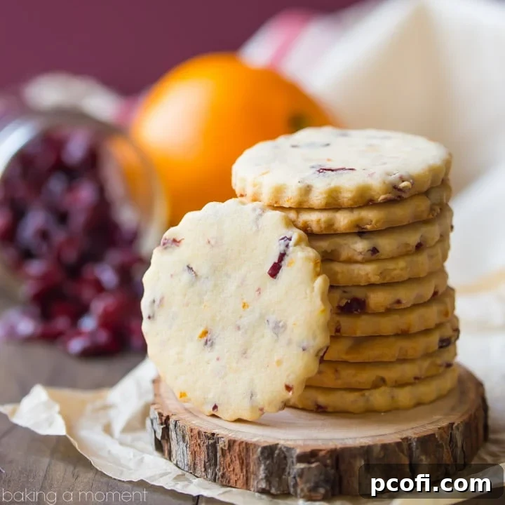 A stack of beautifully crafted Cranberry Orange Shortbread Cookies on a wooden coaster, with dried cranberries and a whole orange in the background.