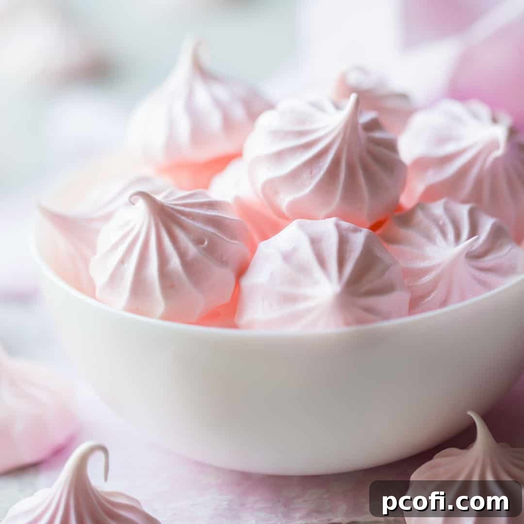 Pale pink meringue kisses in a white bowl, light and crisp.