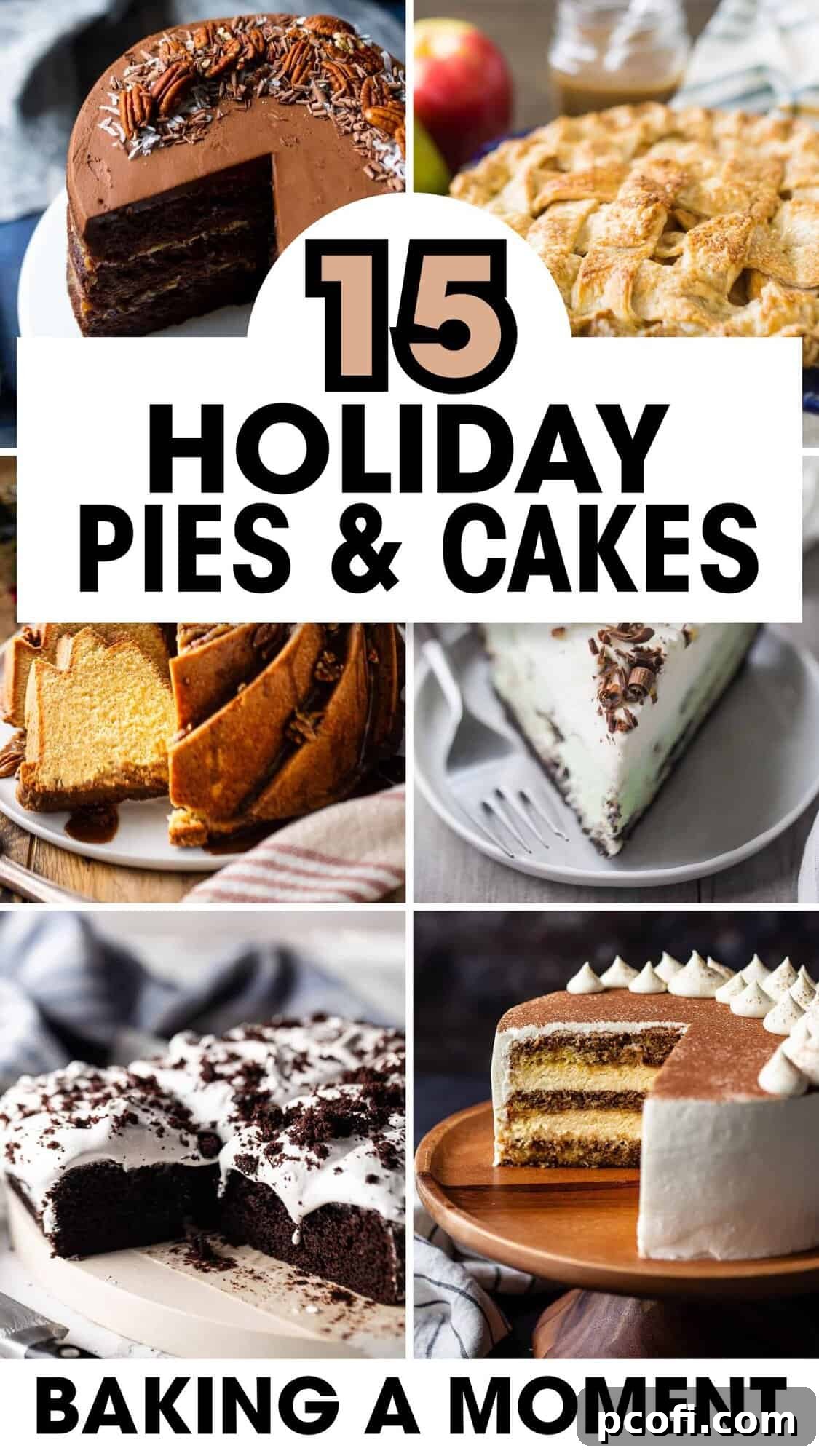 A festive spread of holiday cakes and pies, adorned with seasonal decorations, ready for a joyous celebration.