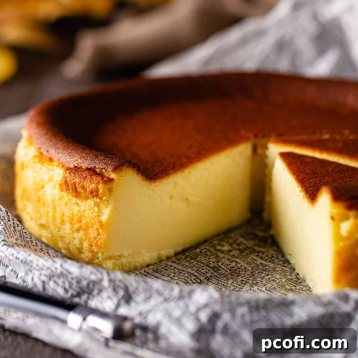 Basque cheesecake sliced and presented on printed parchment.