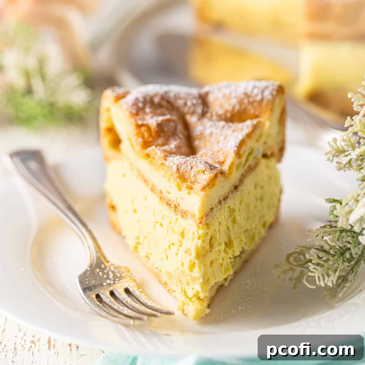 A slice of Cream Puff Cake on a fancy plate with a fork next to it.