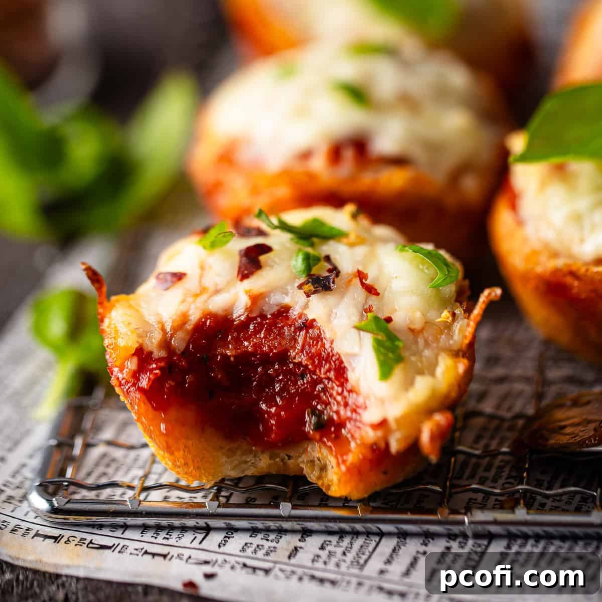 A golden-brown Pizza Puff on a wire cooling rack with a bite taken out, revealing gooey cheese and sauce.