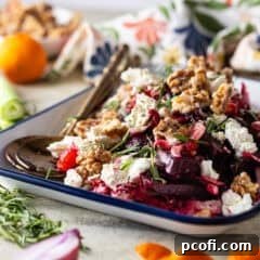 Beet salad on an enameled tray, beautifully presented.
