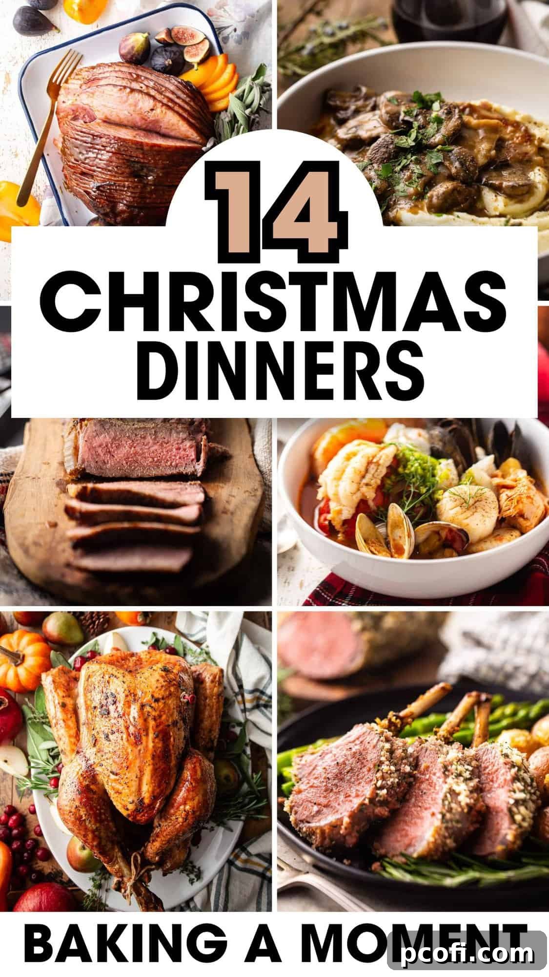 A festive Christmas dinner table adorned with a variety of delicious main courses, inviting guests to gather and celebrate.