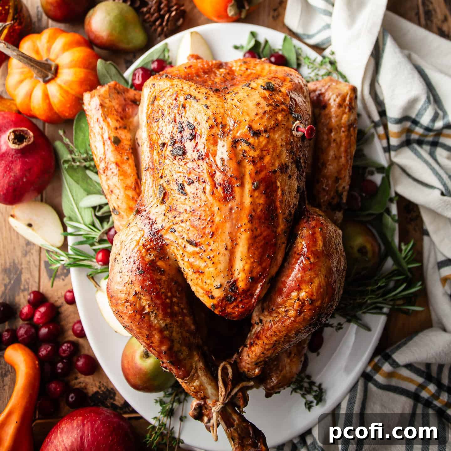 A golden-brown maple sage brown butter roasted turkey on a platter, surrounded by seasonal fruits and herbs.
