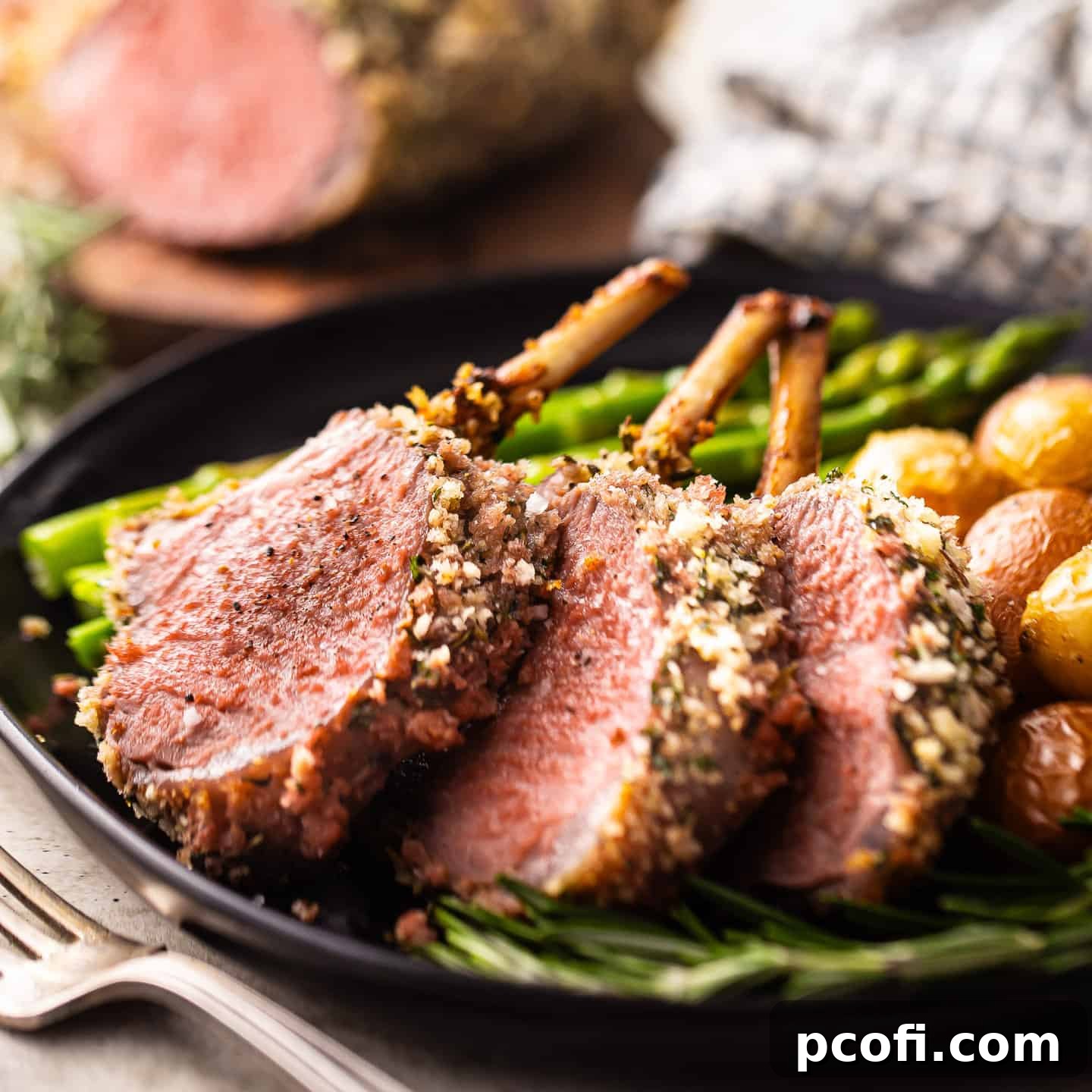 Herb-encrusted lamb chops cooked to a perfect medium-rare, showcasing a crispy coating.