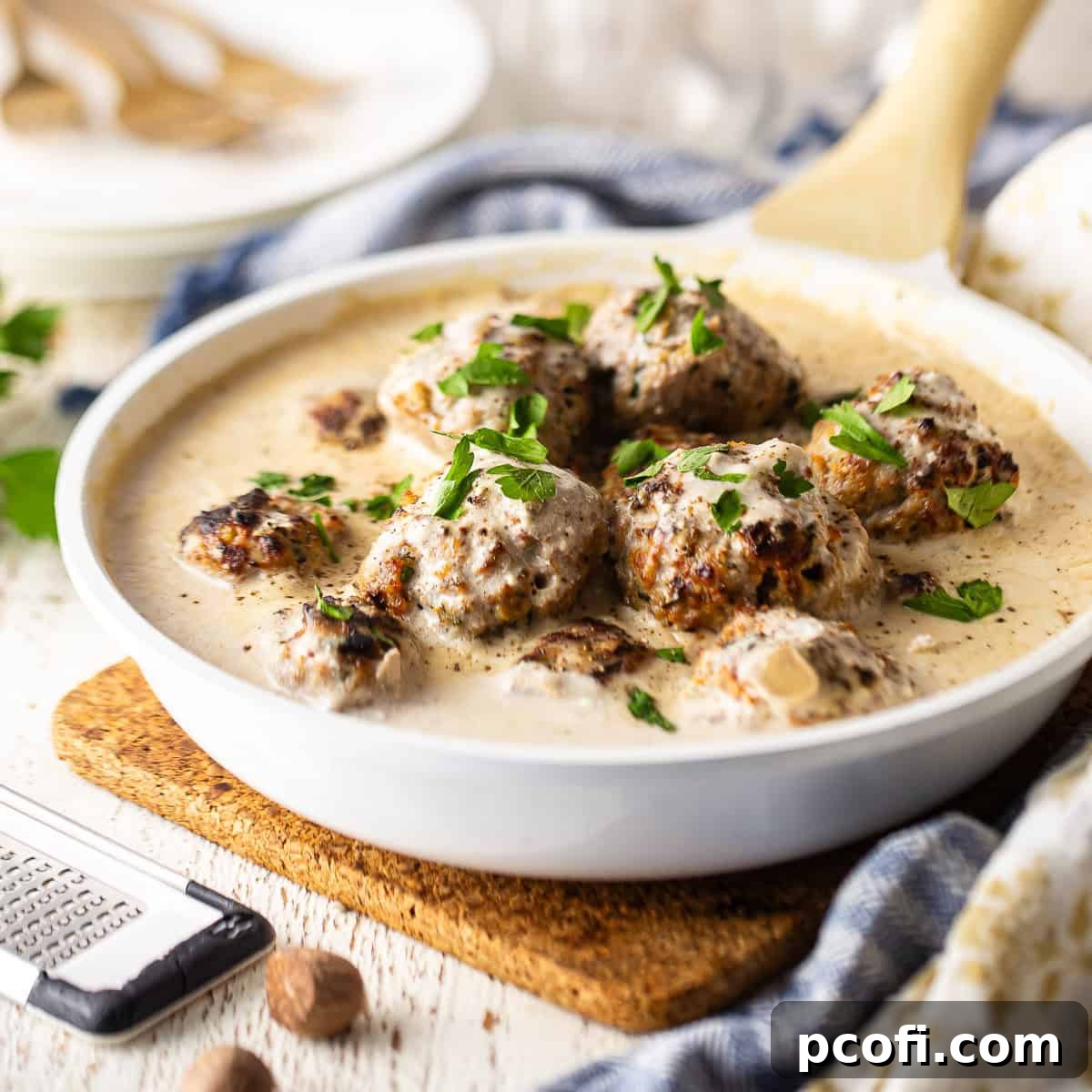Classic Swedish meatballs in a creamy sauce, ready to be served over buttered egg noodles.