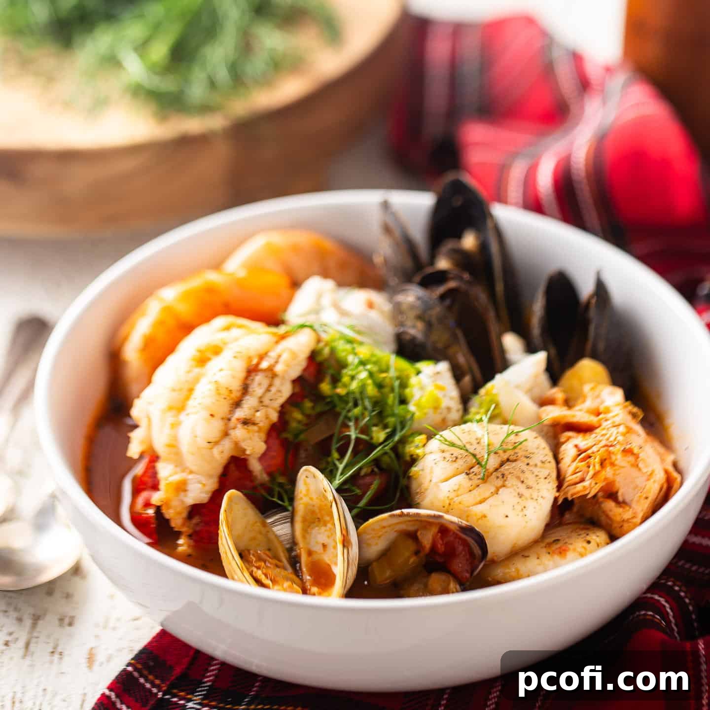 A rich and aromatic 7-Fishes cioppino, served in a white ceramic bowl and garnished with fennel orange gremolata.