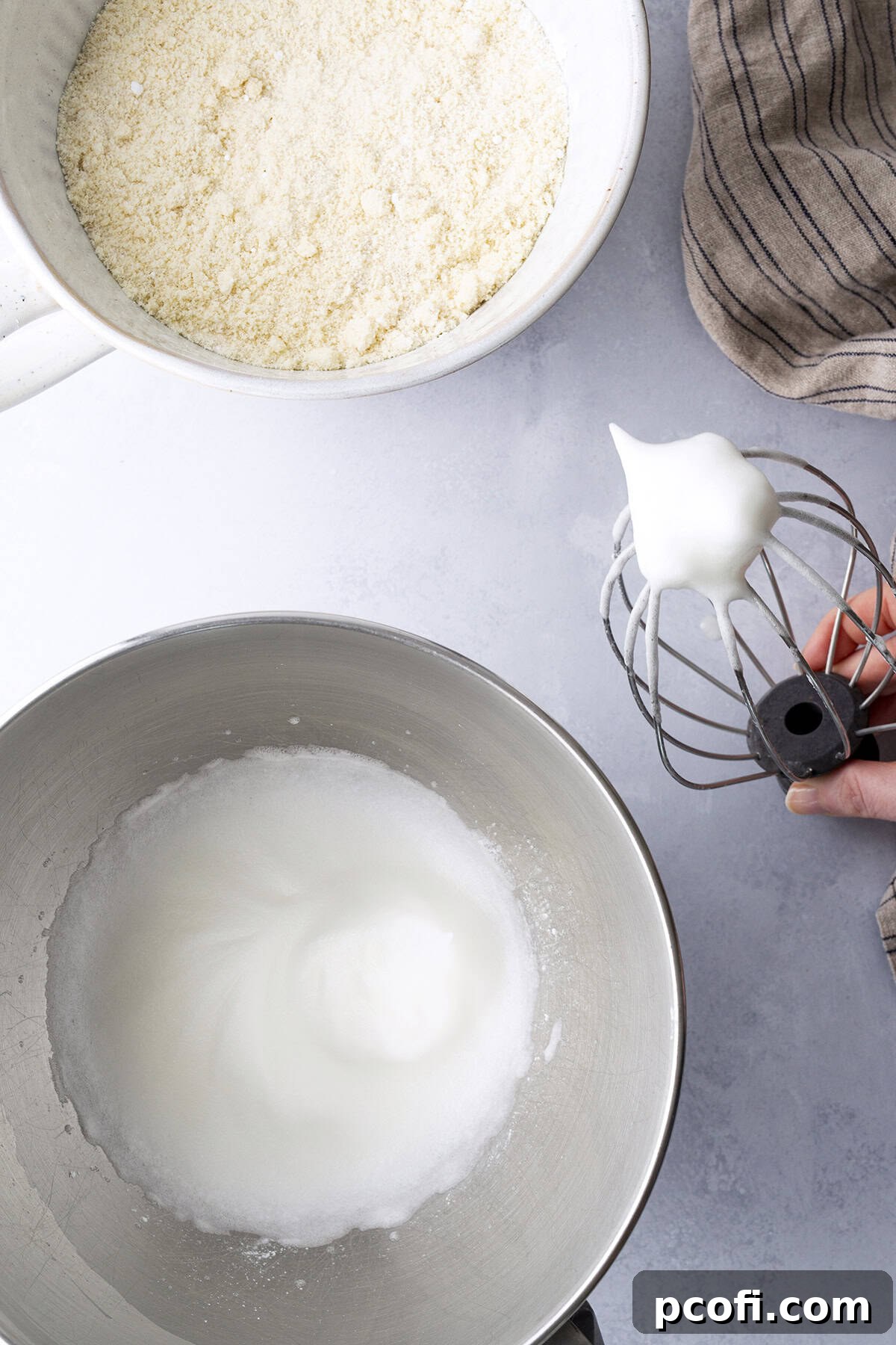 Stiff peak meringue before being mixed into the dry ingredients for amaretti cookies.
