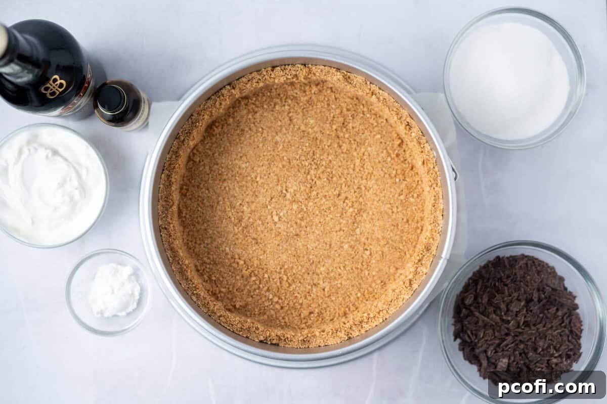 Graham cracker crust firmly pressed into the bottom of a springform pan.