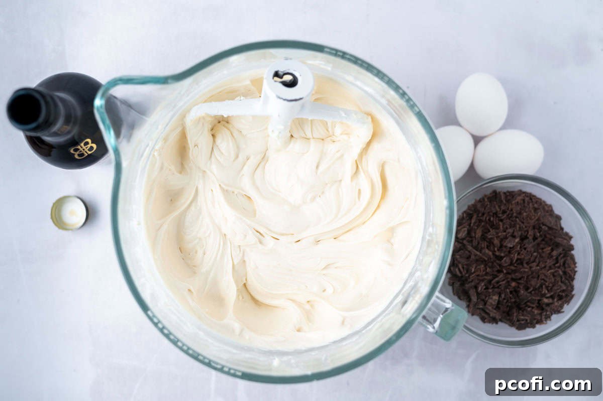 Cheesecake batter in a mixing bowl with sour cream, cornstarch, Baileys, and vanilla, before eggs are added.