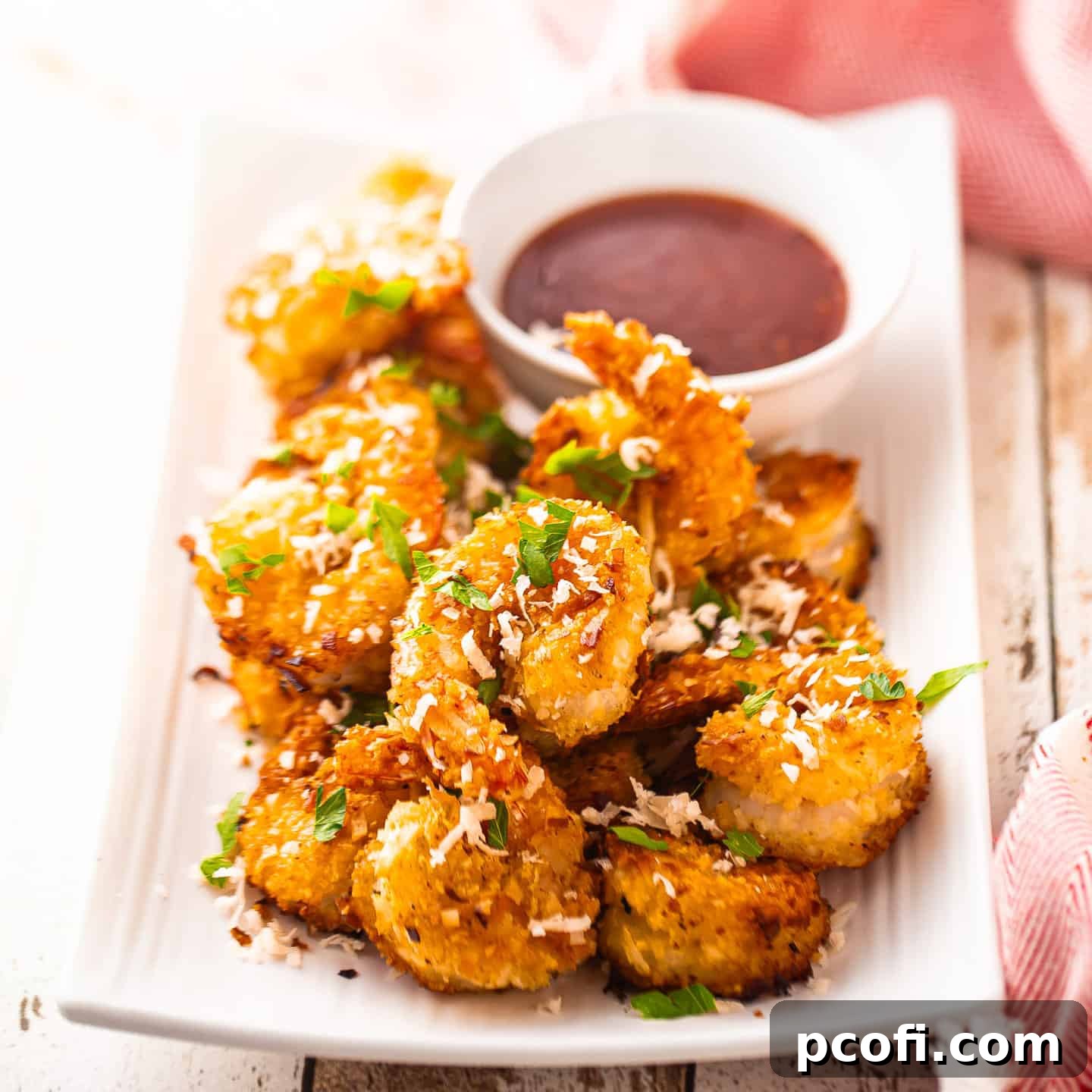 Crispy coconut shrimp elegantly presented on a rectangular platter with dipping sauce.