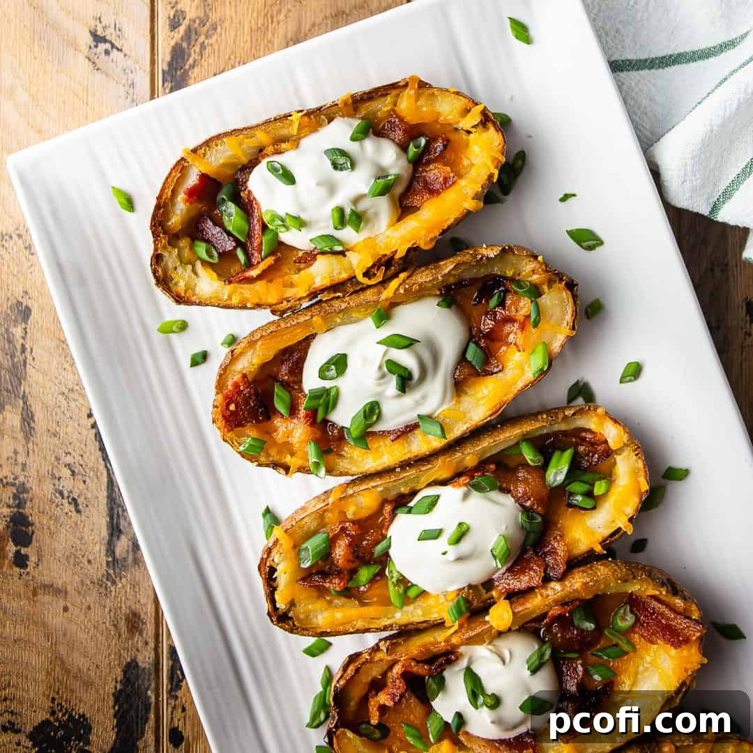 Classic loaded potato skins served on a white rectangular platter.