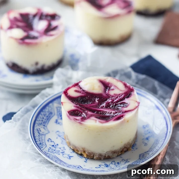 Lemon Berry Swirl Mini Cheesecakes with a creamy lemon base and vibrant berry swirl, on a crunchy gluten-free olive oil and sea salt cracker crust.