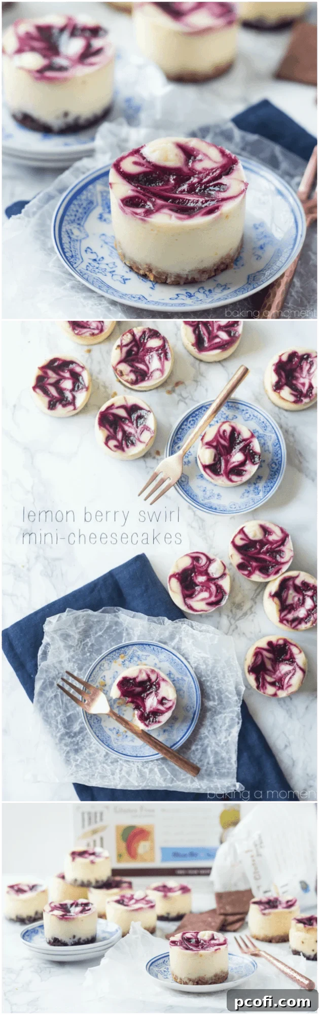 Overhead view of several Lemon Berry Swirl Mini Cheesecakes on a white serving tray.