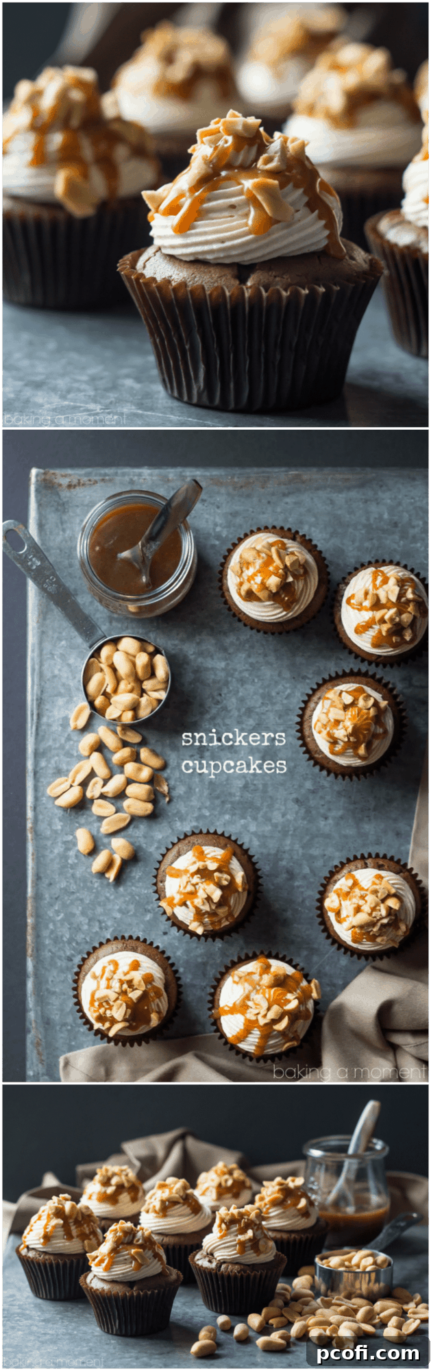 Snickers Cupcakes- best ever chocolate cupcake, topped with peanut butter buttercream, salted caramel, and peanuts. These were incredible!