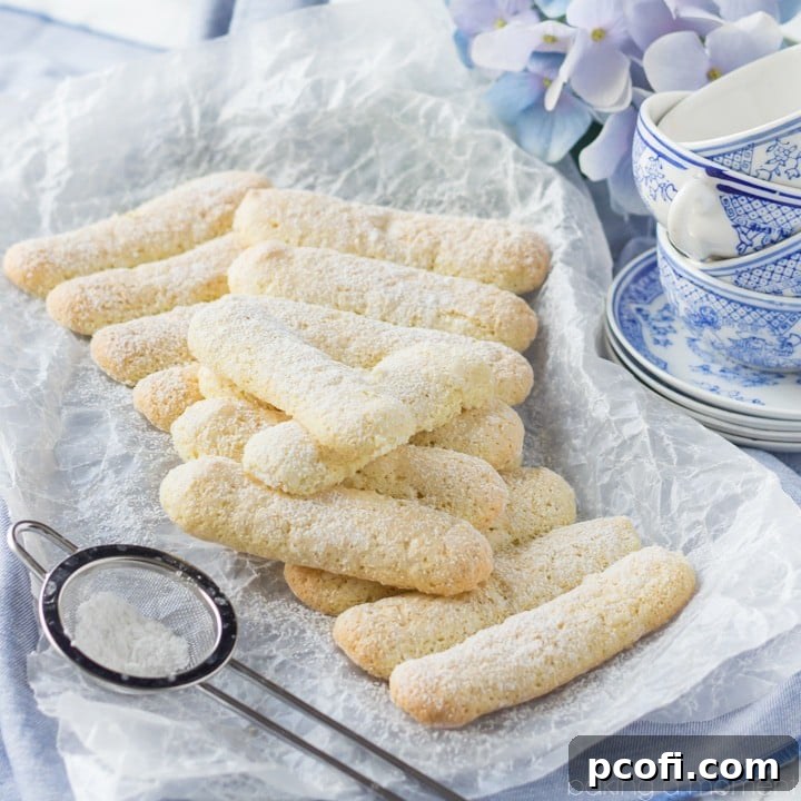 Freshly baked homemade ladyfingers arranged neatly on a baking sheet, ready for use in tiramisu or charlotte recipes.