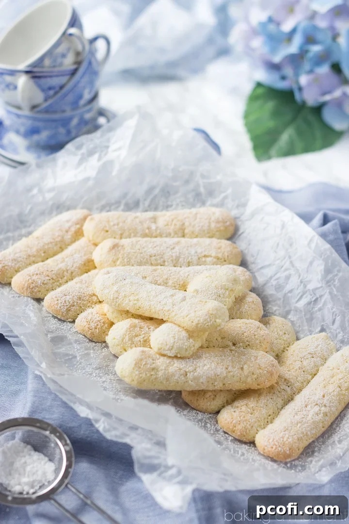 A batch of freshly baked ladyfingers cooling on a wire rack, perfectly golden and ready to be used in desserts like Tiramisu or Charlotte.