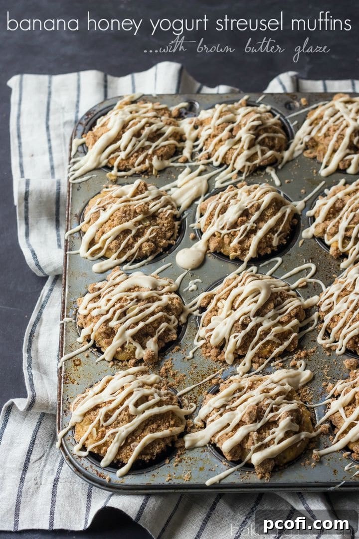 Banana Honey Yogurt Streusel Muffins with Brown Butter Glaze- such an incredible breakfast treat! 