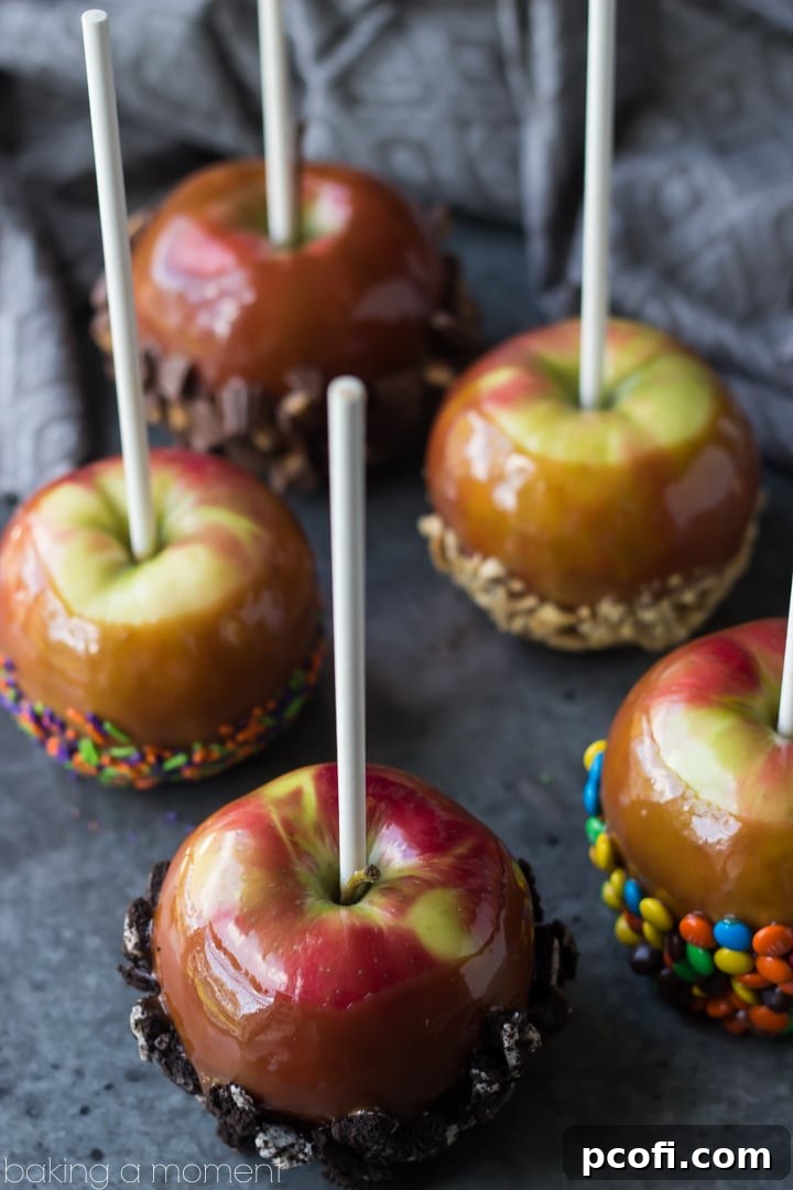 Assortment of Caramel Apples with Diverse Toppings