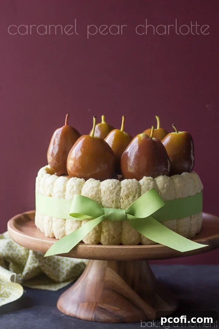 Close-up of the elegant Caramel Pear Charlotte, showcasing the layers of cake, mousse, and ladyfingers, ready to be served.