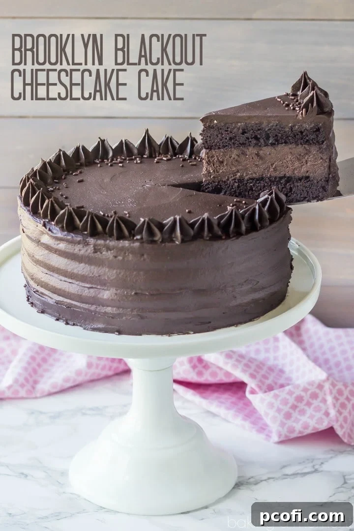 Close-up shot of the Brooklyn Blackout Cheesecake Cake, showcasing the rich frosting and cake texture.