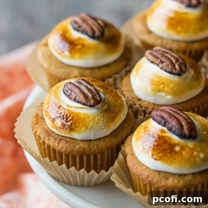 Sweet Potato Souffle Cupcakes - Moist, fluffy cupcakes with a hint of pineapple and cinnamon, topped with toasted marshmallow and pecans, inspired by Thanksgiving sweet potato casserole.