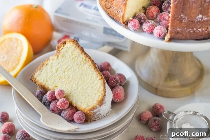 Final presentation of Orange Spice Cream Cheese Bundt Cake with powdered sugar and vibrant sugared cranberries.