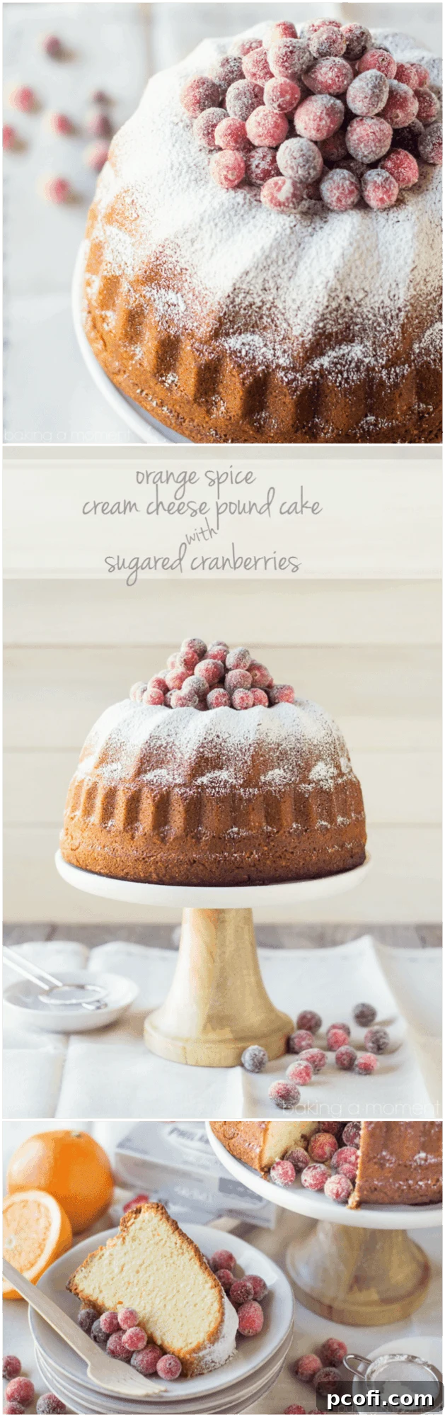 Delicious Orange Spice Cream Cheese Bundt Cake with sugared cranberries on a white platter.