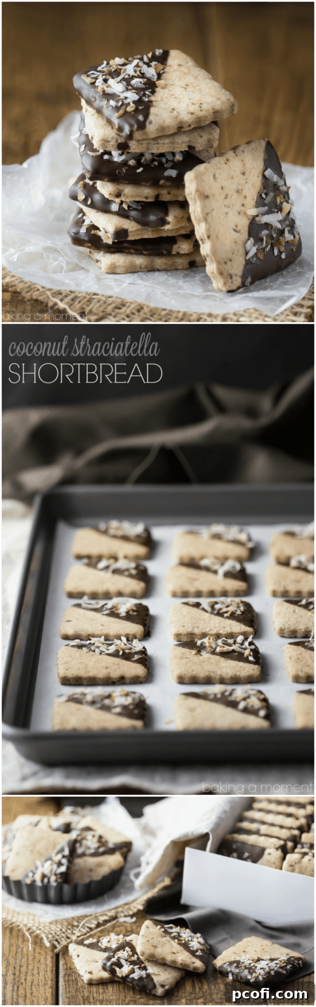 A beautifully arranged stack of Coconut Stracciatella Shortbread Cookies, showcasing their appealing appearance and rich texture.