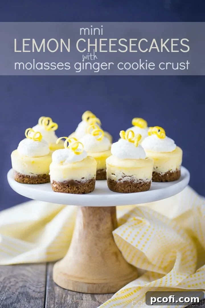 Perfectly portioned Mini Lemon Cheesecakes, featuring a bright lemon filling paired with a spiced ginger cookie crust – a delightful and elegant party dessert. Sponsored by Among Friends.